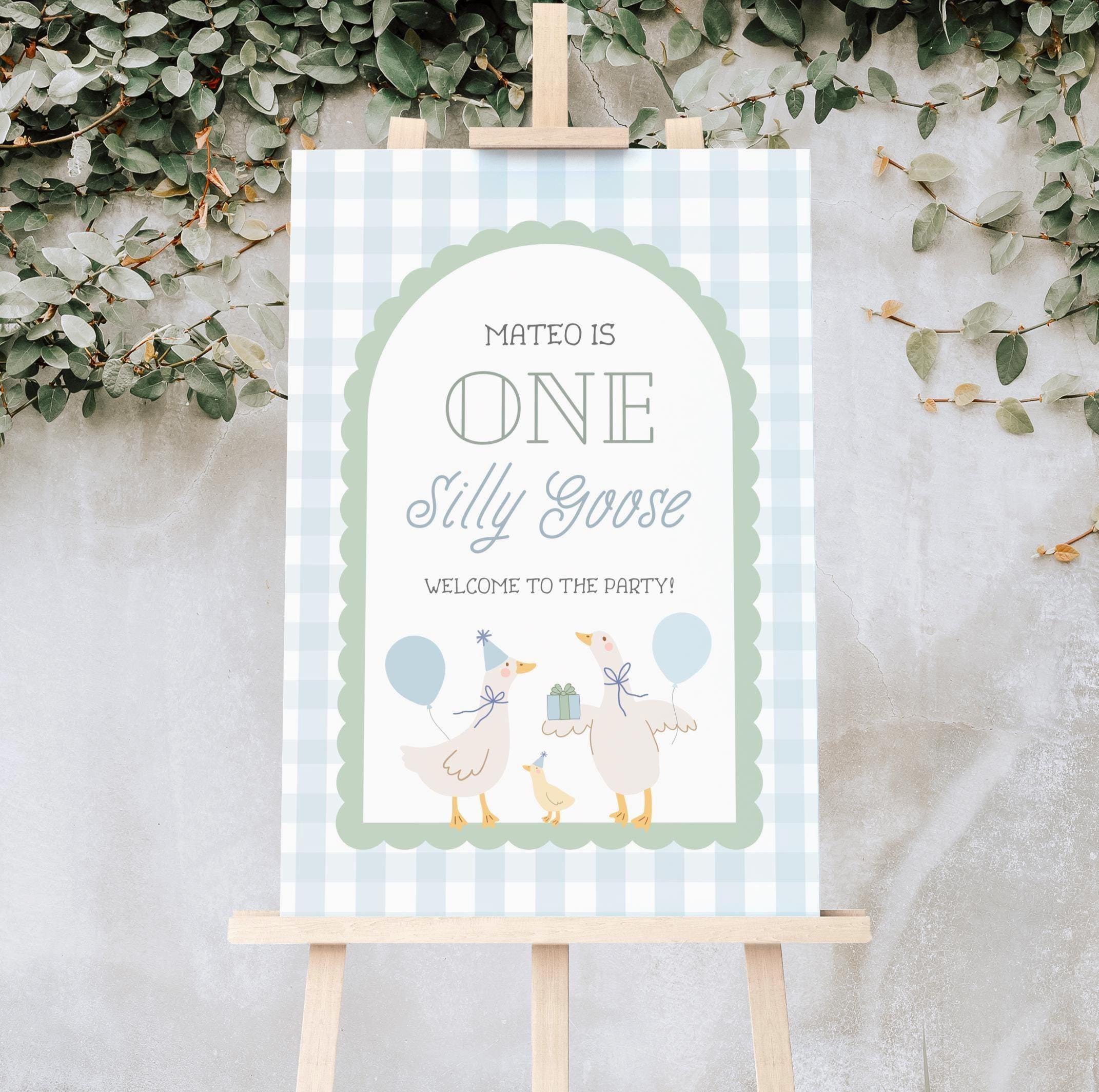 Silly Goose Birthday Welcome Sign | Editable Sign Template | One Silly Goose | Blue Green Gingham | Instant Download