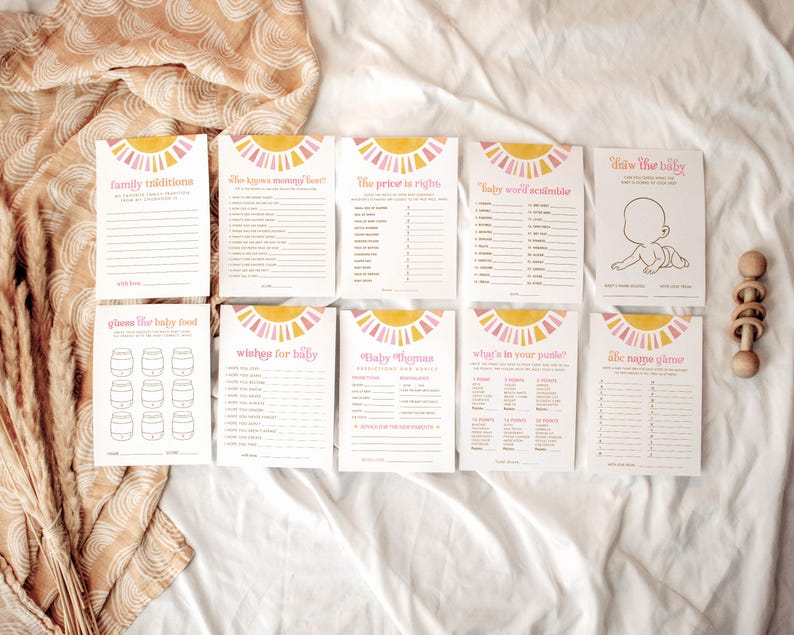 Sunshine Baby Shower Editable Games Bundle | Boho Retro Sun Girl Baby ...
