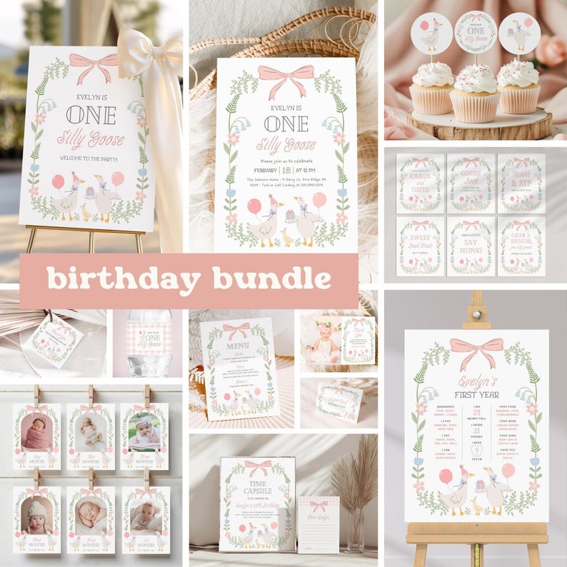 Puede incluir: Un paquete de fiesta de cumplea&ntilde;os imprimible con un tema de ganso caprichoso. El paquete incluye un letrero de bienvenida, una invitaci&oacute;n, un men&uacute;, una c&aacute;psula del tiempo, marcos de cabina de fotos y m&aacute;s. El dise&ntilde;o presenta un esquema de color rosa y verde con acentos florales.