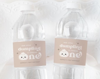 Wateretiketten kleine knoedel 1e verjaardag | Bao Dumpling Dim Sum Feestdecoratie | Direct downloaden