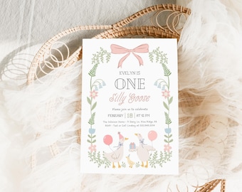 One Silly Goose 1st Birthday Invitation | Floral Geese First Birthday Invite | Pink Bow | Editable Template | Instant Download