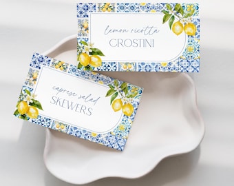 Amalfikust citroen voedseletiket buffetkaarten | Italiaanse mediterrane citrus bewerkbare games | Blauwe tegels | Italië-thema | Direct downloaden
