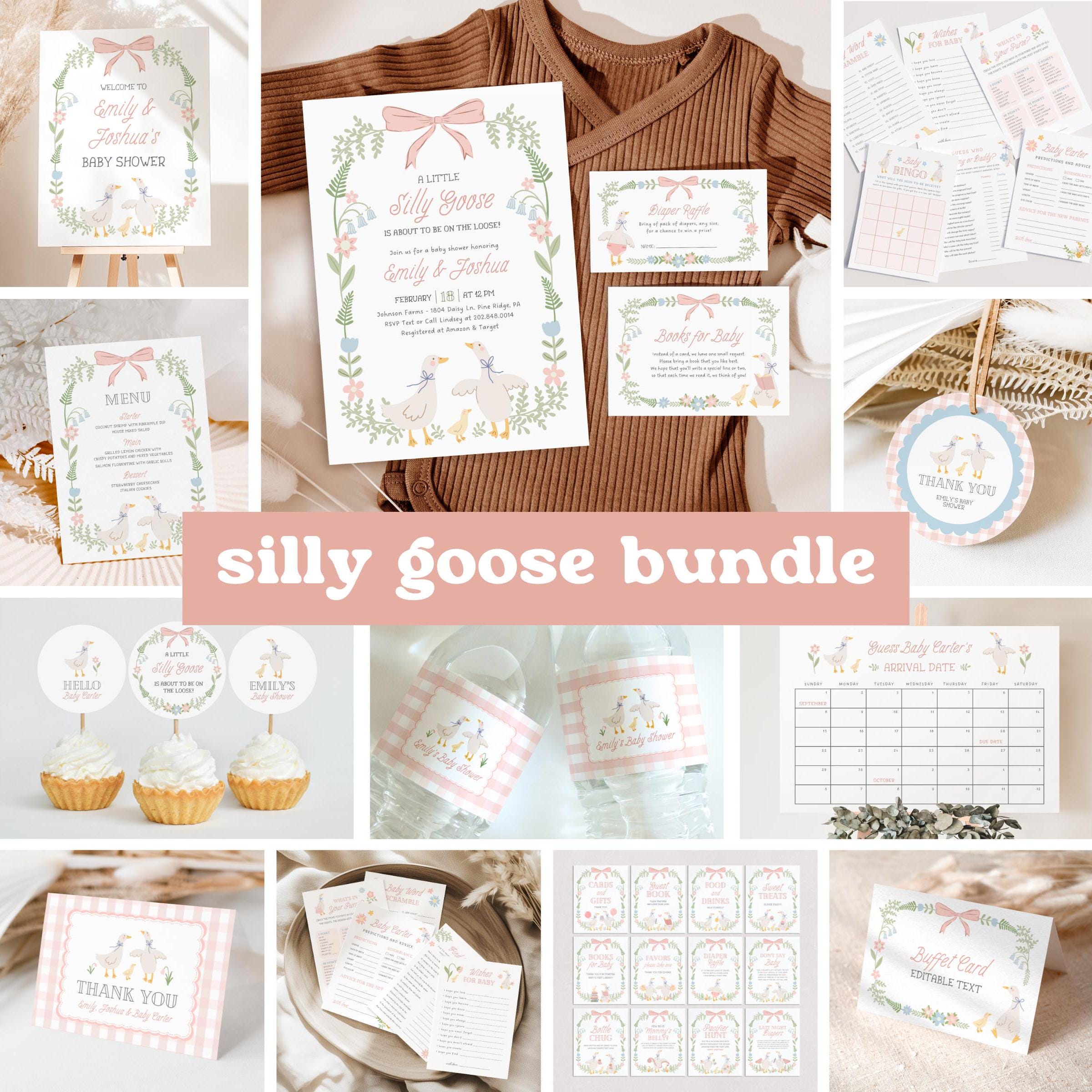 Silly Goose Baby Shower Invitation Bundle | Floral Bow Geese Baby Shower Decor | Little Silly Goose | Editable Templates | Instant Download