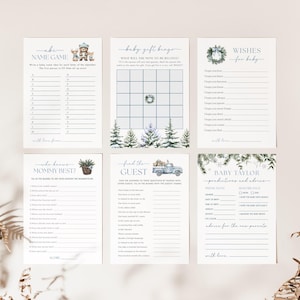 Zestaw gier prysznicowych „Baby It&#39;s Cold Outside Shower”, zimowe aktywności na baby shower w lesie, niebieskie zwierzęta leśne na baby shower dla chłopca, natychmiastowe pobranie