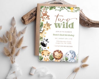 Safari 2e verjaardagsuitnodiging | Twee wilde verjaardagsuitnodigingen | Jungledieren 1e verjaardagsfeestje | Direct downloaden