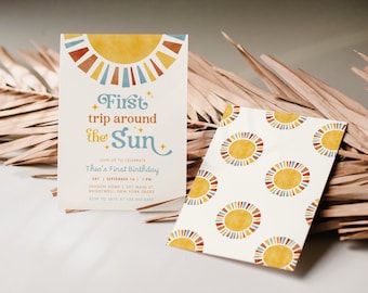 First Trip Around the Sun Birthday Invitation | Boho Retro Sunshine First Birthday Invite | Instant Download