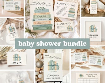 A New Chapter Begins Storybook Baby Shower Invitation Bundle, Book Theme Baby Shower Decor, Editable Canva Template