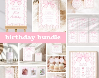 May include: Pink and white printable birthday party decorations with a bow theme. Includes a welcome sign, invitation, thank you tags, food labels, a banner, a first year timeline, and water bottle labels.