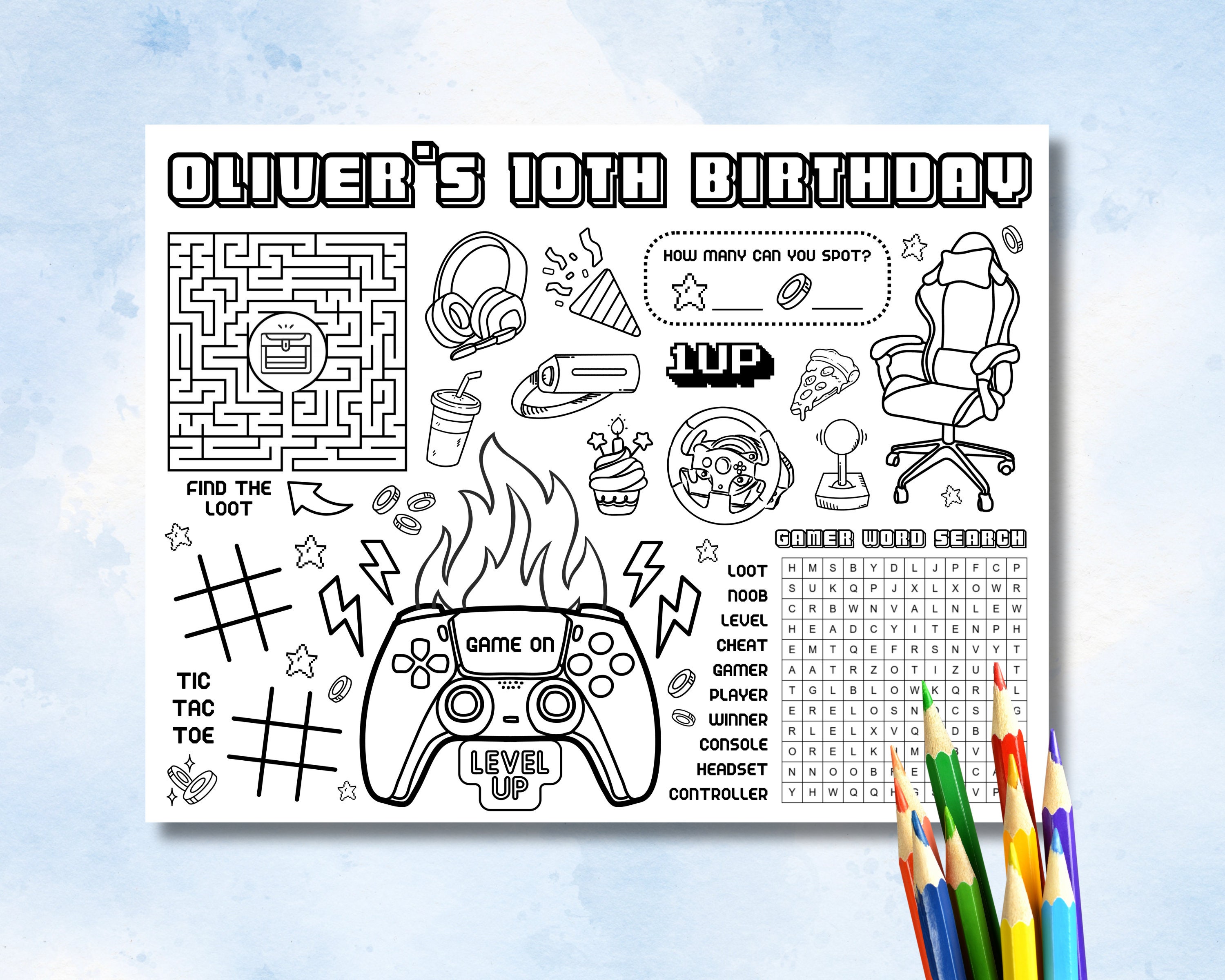 Video Game Birthday Activity Sheet | Gamer Level Up Party Placemat | Instant Download