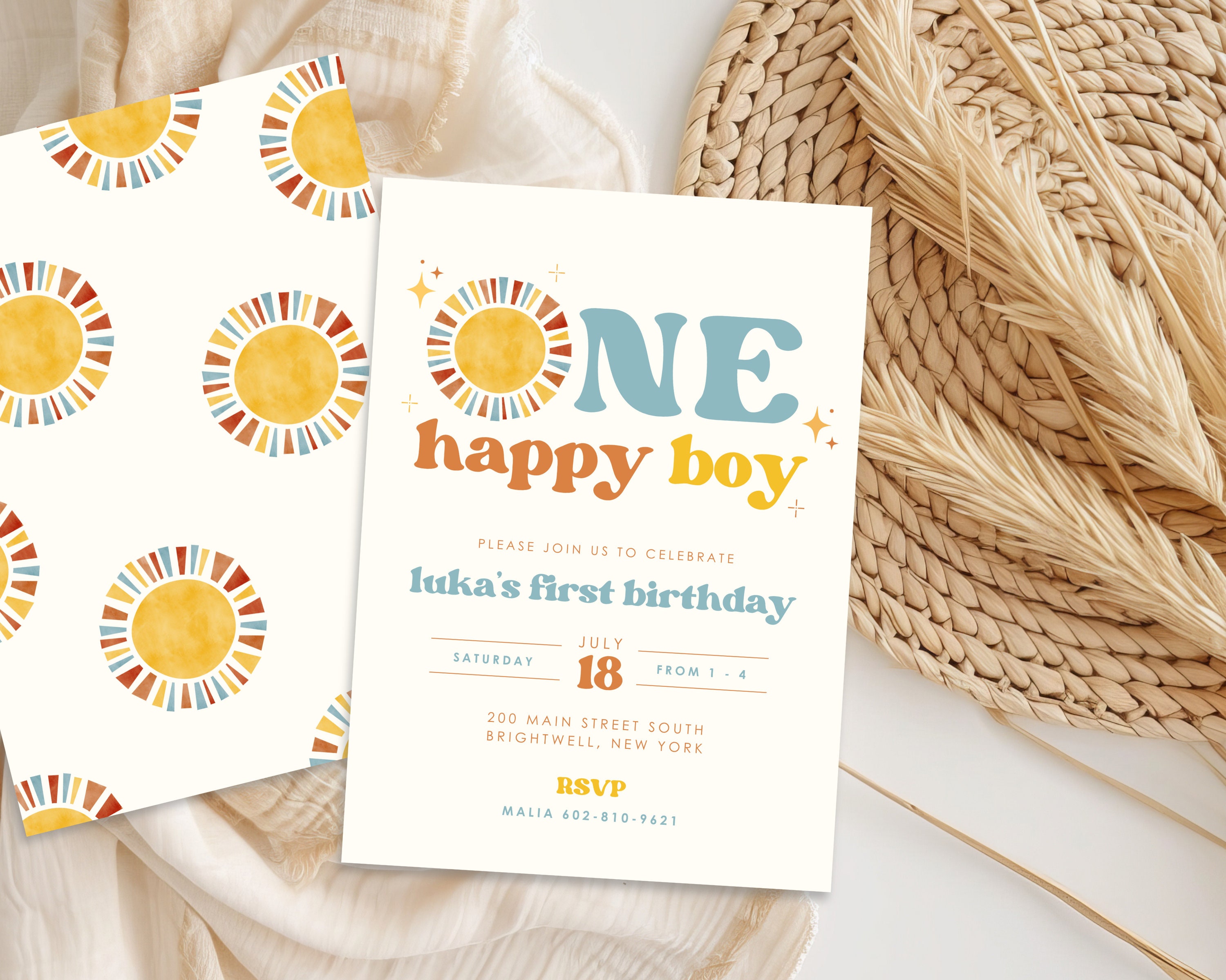 Boho Sun First Birthday Invitation One Happy Boy Retro 1st Birthday