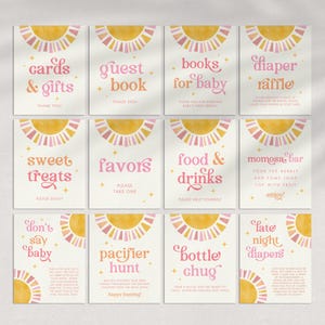 May include: A set of 10 printable baby shower game cards with a pink and yellow sunburst design. The cards feature text such as "cards & gifts", "guest book", "books for baby", "diaper raffle", "sweet treats", "favors", "food & drinks", "mimosa bar", "don't say baby", "pacifier hunt", "bottle chug", and "late night diapers".