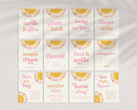 Sunshine Baby Shower Editable Signs & Games Bundle | Boho Retro Sun Girl Baby Shower Signs | Instant Download