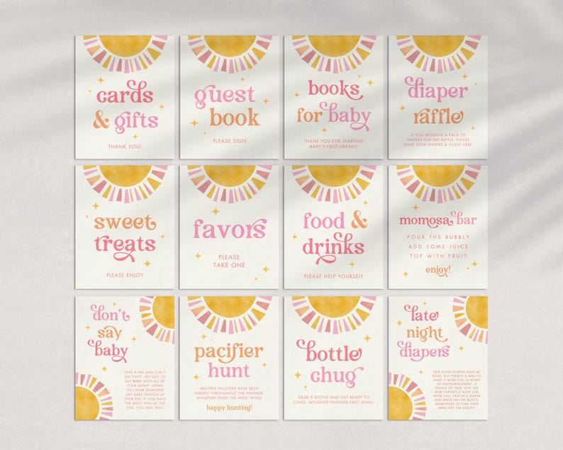 May include: A set of 10 printable baby shower game cards with a pink and yellow sunburst design. The cards feature text such as "cards & gifts", "guest book", "books for baby", "diaper raffle", "sweet treats", "favors", "food & drinks", "mimosa bar", "don't say baby", "pacifier hunt", "bottle chug", and "late night diapers".