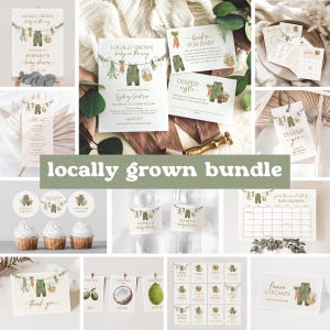 May include: A printable baby shower bundle with a green and brown color scheme. The theme is "Locally Grown Baby" and features a cute illustration of a baby onesie hanging on a clothesline. The bundle includes invitations, thank you cards, food labels, and other printable items.