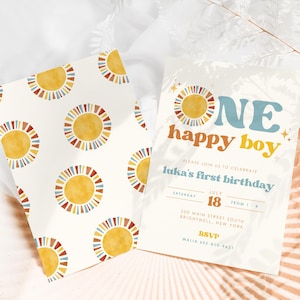 Un garçon heureux | Invitation premier anniversaire Boho Sun | Invitation minimaliste de fête d'anniversaire rétro | Téléchargement instantané