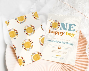 One Happy Boy | Boho Sun First Birthday Invitation | Minimalist Retro 1st Birthday Party Invite | Instant Download