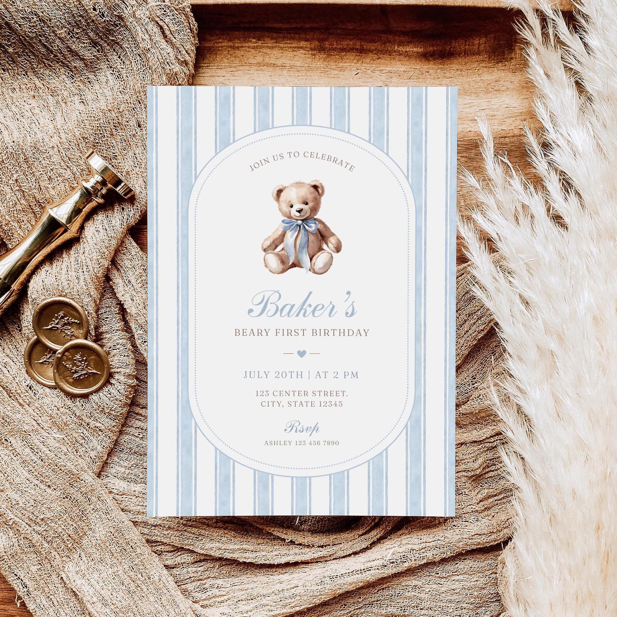 Bear Birthday Invitation | Any Age Editable Teddy Bear Invite | Blue Grandmillennial Boy's Birthday Party Invitation | Instant Download