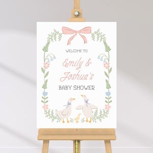 Dumme Gans Babyparty Willkommensschild | Bearbeitbare Schildvorlage | Alberne Gans | Blumen rosa Schleife | Sofort Download