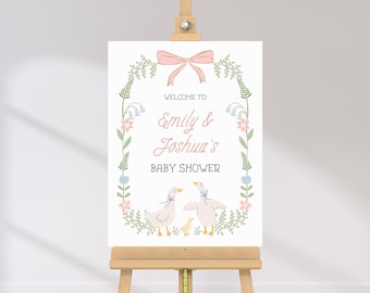 Silly Goose Baby Shower Welcome Sign | Editable Sign Template | Little Silly Goose | Floral Pink Bow | Instant Download