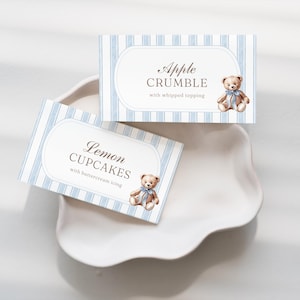 Tarjetas de buffet con etiquetas de comida de osito de peluche / Tarjetas de lugar editables / Tarjetas de carpa y tarjetas planas / Decoración para fiesta Grandmillennial azul / Descarga instantánea
