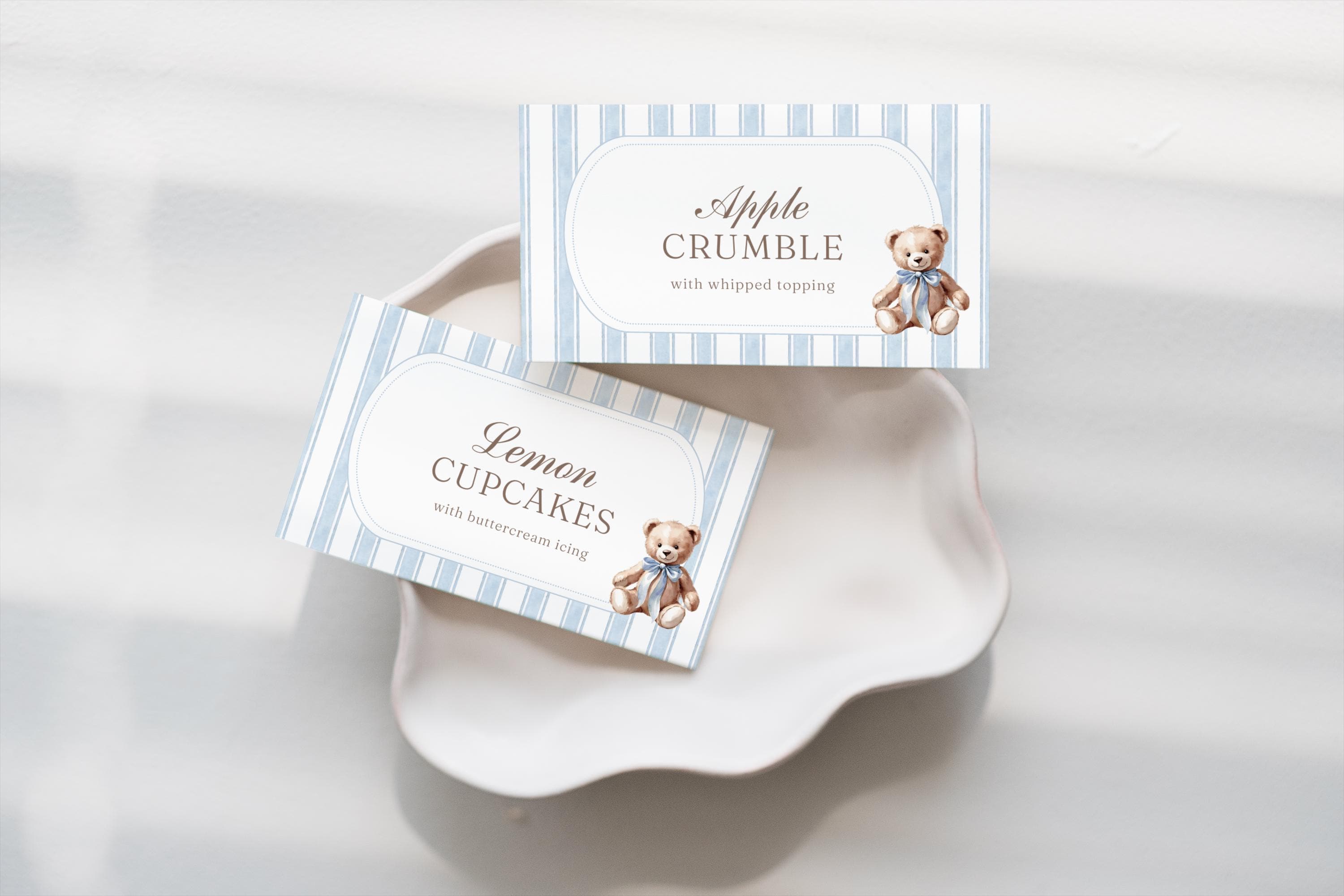 Teddy Bear Food Label Buffet Cards Editable Place Cards Tent Cards & Flat Cards Blue Grandmillennial Party Decor Instant Download