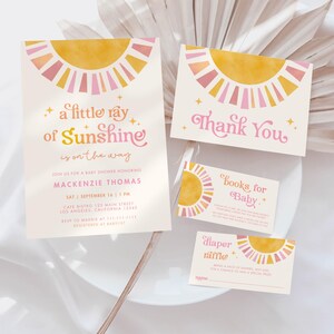Little Ray of Sunshine Baby Shower Invitation Bundle | Boho Retro Sun Girl Baby Shower Invite | Instant Download