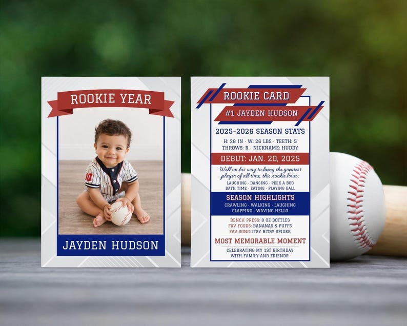 1st Birthday Baseball Player Card, Rookie of the Year, Editable Canva ...