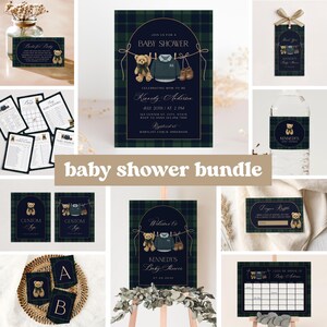 May include: A baby shower bundle featuring navy blue and green plaid designs. The set includes invitations, games, tags, and a sign. Each item has a teddy bear illustration and gold accents. The text "baby shower bundle" is displayed in a beige font.
