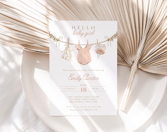 Boho Girl Clothesline Baby Shower Invitation | Watercolor Blush Pink Baby Clothes Invite | Instant Download