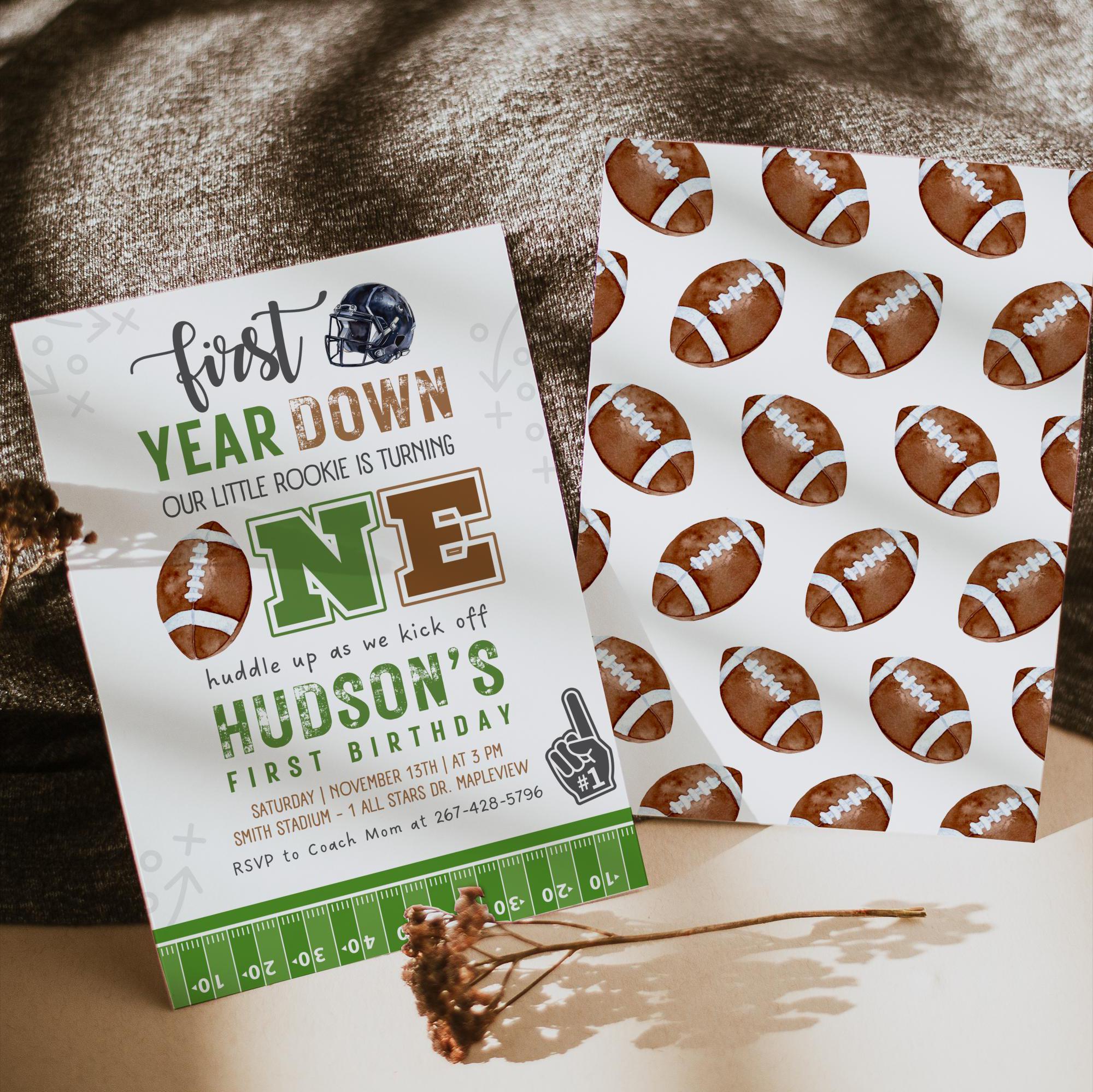 First Year Down Birthday Invite, Football 1st Birthday Invitation ...
