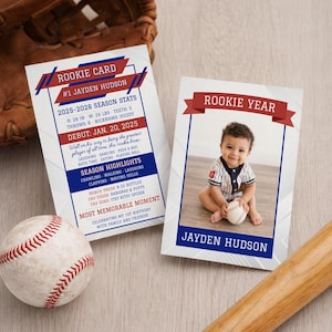 Tarjeta de cumpleaños para jugador de béisbol, Novato del Año, plantilla editable de Canva.