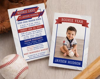 Geburtstags-Baseballspieler-Karte, Rookie des Jahres, bearbeitbare Canva-Vorlage