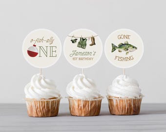 Fishing 1st Birthday Cupcake Toppers | O-fish-ally One | The Big One | Gone Fishing Party Decor | Instant Download
