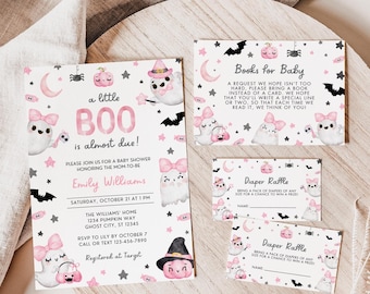 Little Boo Halloween Baby Shower Invitation Bundle | Cute Pink Ghost Girl Baby Shower Decor | Instant Download