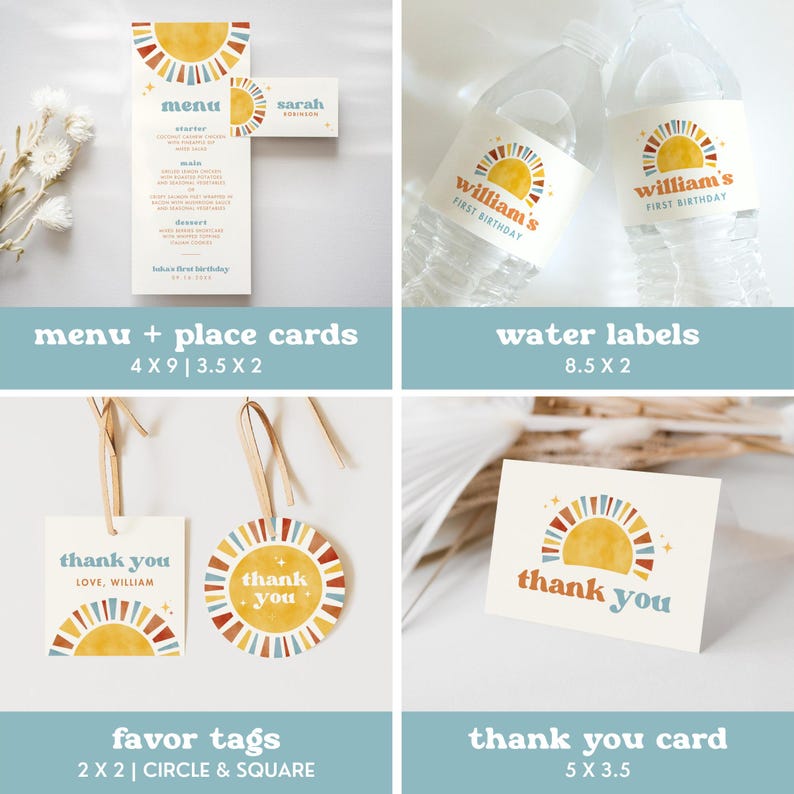 May include: A set of printable party decorations for a first birthday party with a sun theme. The set includes a menu, place cards, water bottle labels, favor tags, and a thank you card. The designs feature a yellow sun with red, orange, and blue stripes.