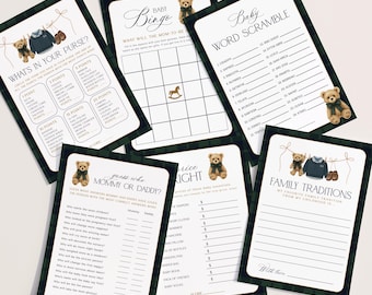 Polo Baby Shower Games Bundle, Preppy Teddy Bear Baby Shower Activities, Editable Canva Template