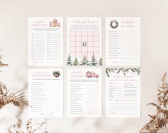 Op de afbeelding: Een set van zes afdrukbare babyshower-spellen met een roze en groen thema. Spellen zijn onder meer een naamspel, babycadeaubingo, wensen voor de baby, wie kent mama het beste, vind de gast en babyvoorspellingen.
