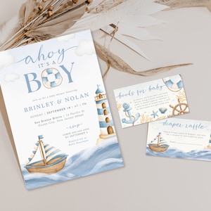 Nautical Baby Shower Invitation | Ahoy It&#39;s a Boy Invite Bundle | Blue Boy Baby Shower | Instant Download