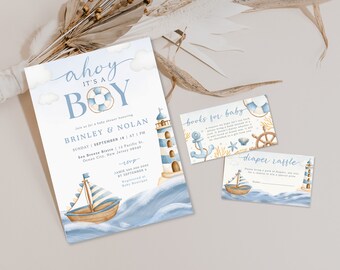 Nautical Baby Shower Invitation | Ahoy It's a Boy Invite Bundle | Blue Boy Baby Shower | Instant Download