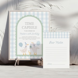 May include: A blue and white gingham patterned card with the text "Time Capsule to be opened on Mateo's 18th Birthday". The card features a cartoon illustration of two ducks and a chick. A separate white card with blue lines has the text "Dear Mateo" and a space for writing.