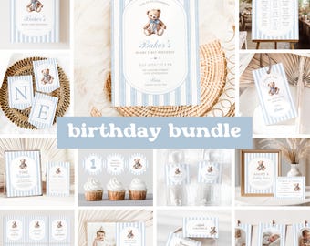 Pacchetto di inviti per il compleanno di un orsetto, invito per il primo compleanno di un orsetto, decorazioni per feste di compleanno per bambini in blu, modello Canva modificabile