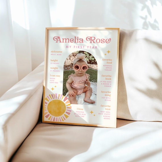 Sun First Year Milestone Sign | First Trip Around the Sun | Boho Retro Sun Girl 1st Birthday | Instant Download