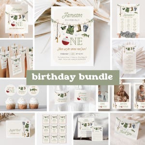 May include: A printable birthday party bundle with a fishing theme. The bundle includes invitations, thank you cards, food labels, cupcake toppers, and more. The design features a red and white fishing bobber, a green fishing vest, a bucket, and a fishing rod.
