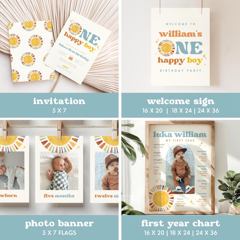 May include: A set of printable party decorations for a first birthday party with a sun and rainbow theme. The set includes an invitation, a welcome sign, and a first year chart. The invitation is 5x7 inches, the welcome sign is available in 16x20, 18x24, and 24x36 inches, and the first year chart is available in 16x20, 18x24, and 24x36 inches.