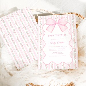 Pink Bow Baby Shower Invitation Bundle, Floral Grandmillennial Baby Shower Set, Coquette Bow Invite, Editable Canva Template image 5