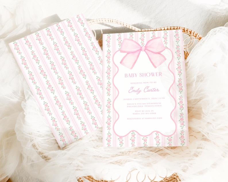 Pink Bow Baby Shower Invitation Bundle, Floral Grandmillennial Baby Shower Set, Coquette Bow Invite, Editable Canva Template image 5
