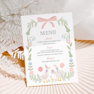 Karta menu One Silly Goose | Dekoracja na przyjęcie urodzinowe z różową kokardą w kwiaty i gęsią | Natychmiastowe pobranie
