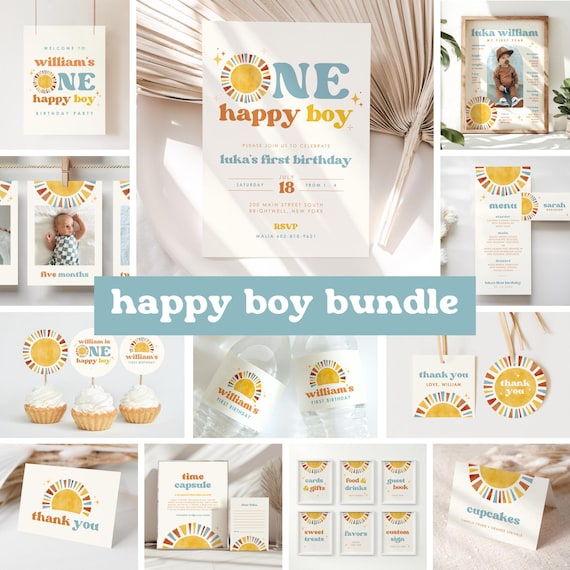 One Happy Boy Sun 1st Birthday Invitation Bundle | Boho Retro Sun Boy First Birthday Decor | Instant Download