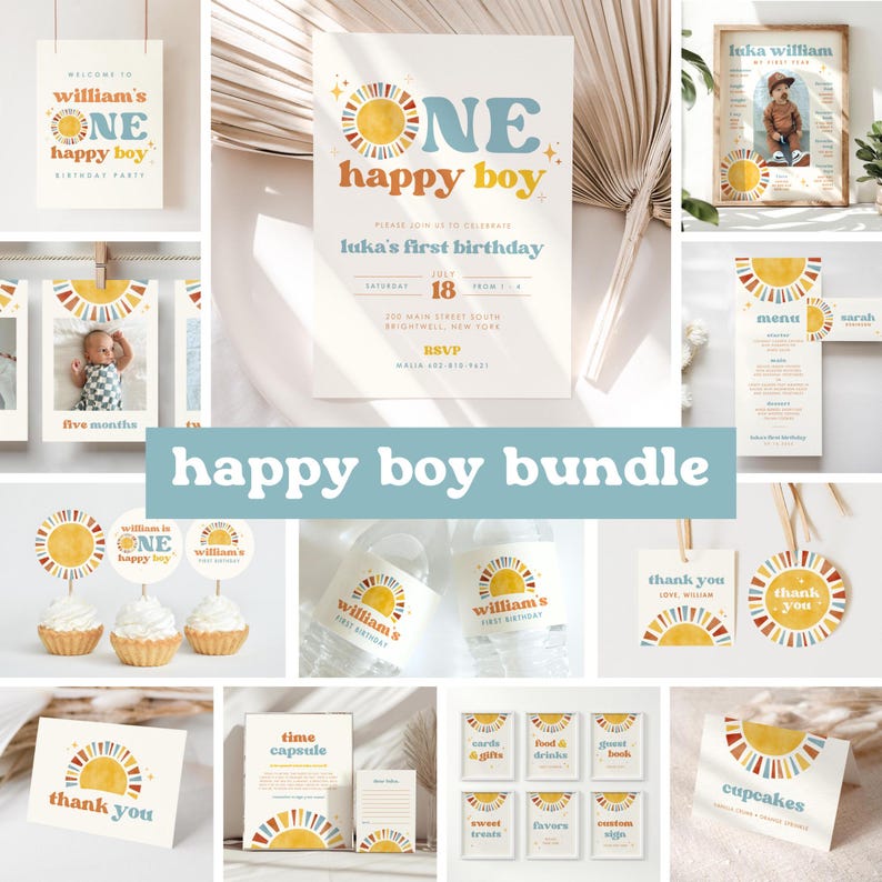 May include: A set of printable party decorations for a first birthday party with a sun and rainbow theme. The decorations include a welcome sign, invitation, water bottle labels, cupcake toppers, thank you tags, and more. The text on the invitation reads "One Happy Boy, Luka's First Birthday".