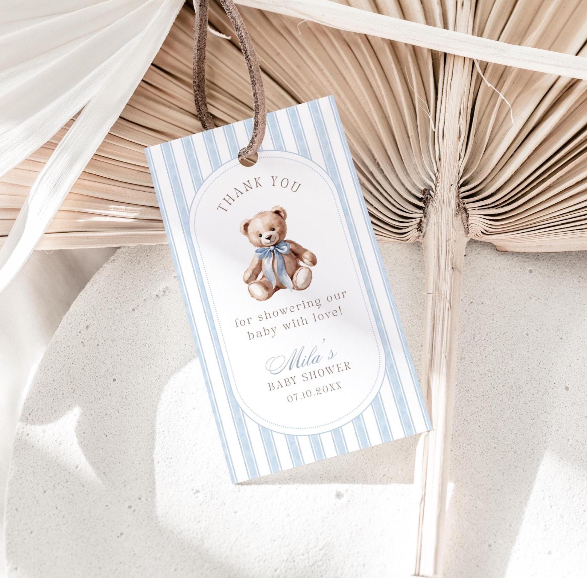 Teddy Bear Baby Shower Favor Tags | We Can Bearly Wait | Blue Grandmillennial Boy Baby Shower Decor | Instant Download